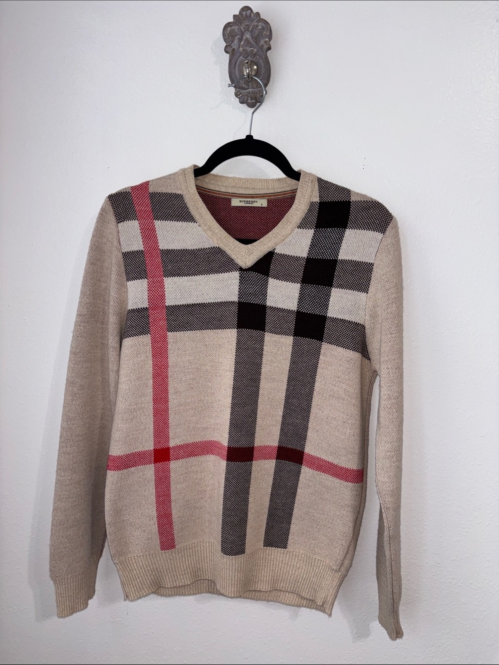 Burberry Beige Plaid V-Neck Sweater with Red and Black Accents